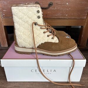 Cecelia New York Brown and Cream Lace Up Boots